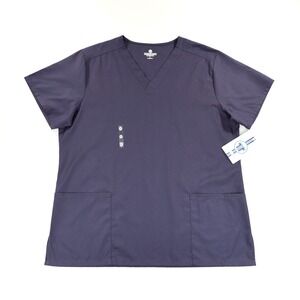 Fundamentals Womens V Neck Short Sleeve Split‎ Hem Pocket Scrub Top Navy Size L